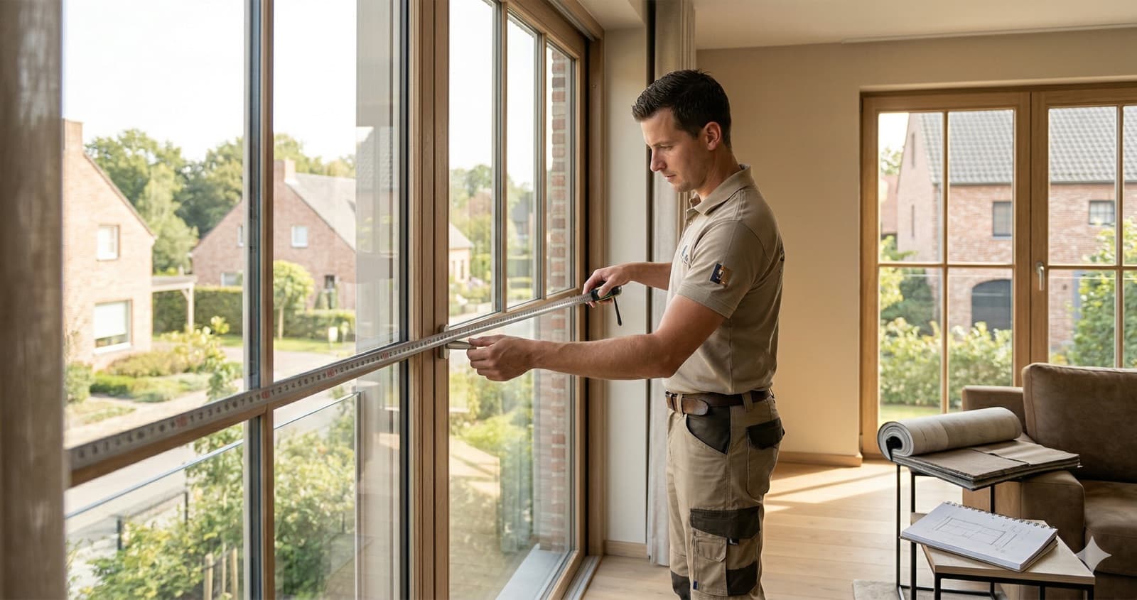 Gordijnspecialist die een raam opmeet met rolmeter in een moderne woonkamer