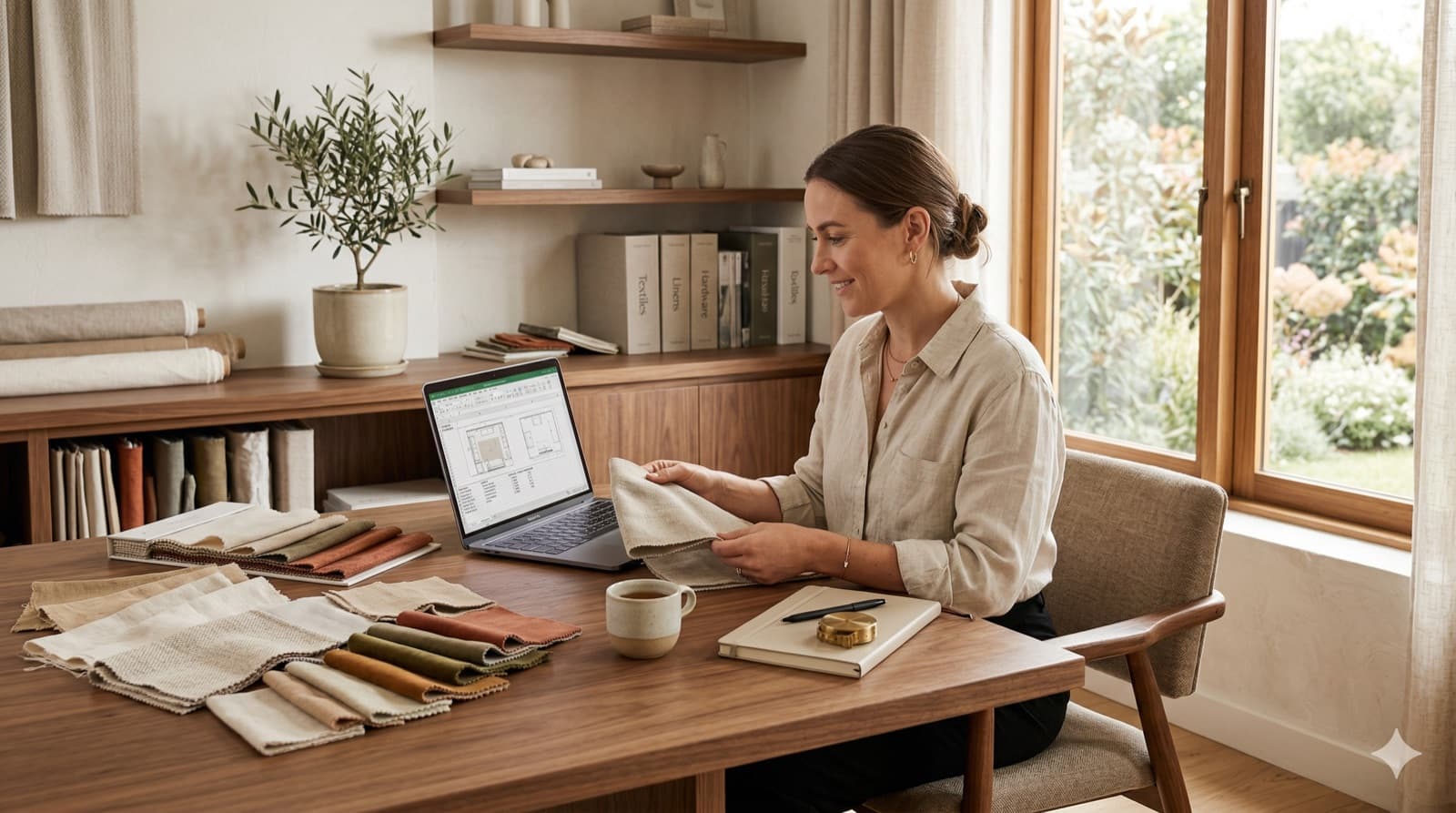 Vakman aan bureau met gordijnstalen en laptop, bezig met een offerte