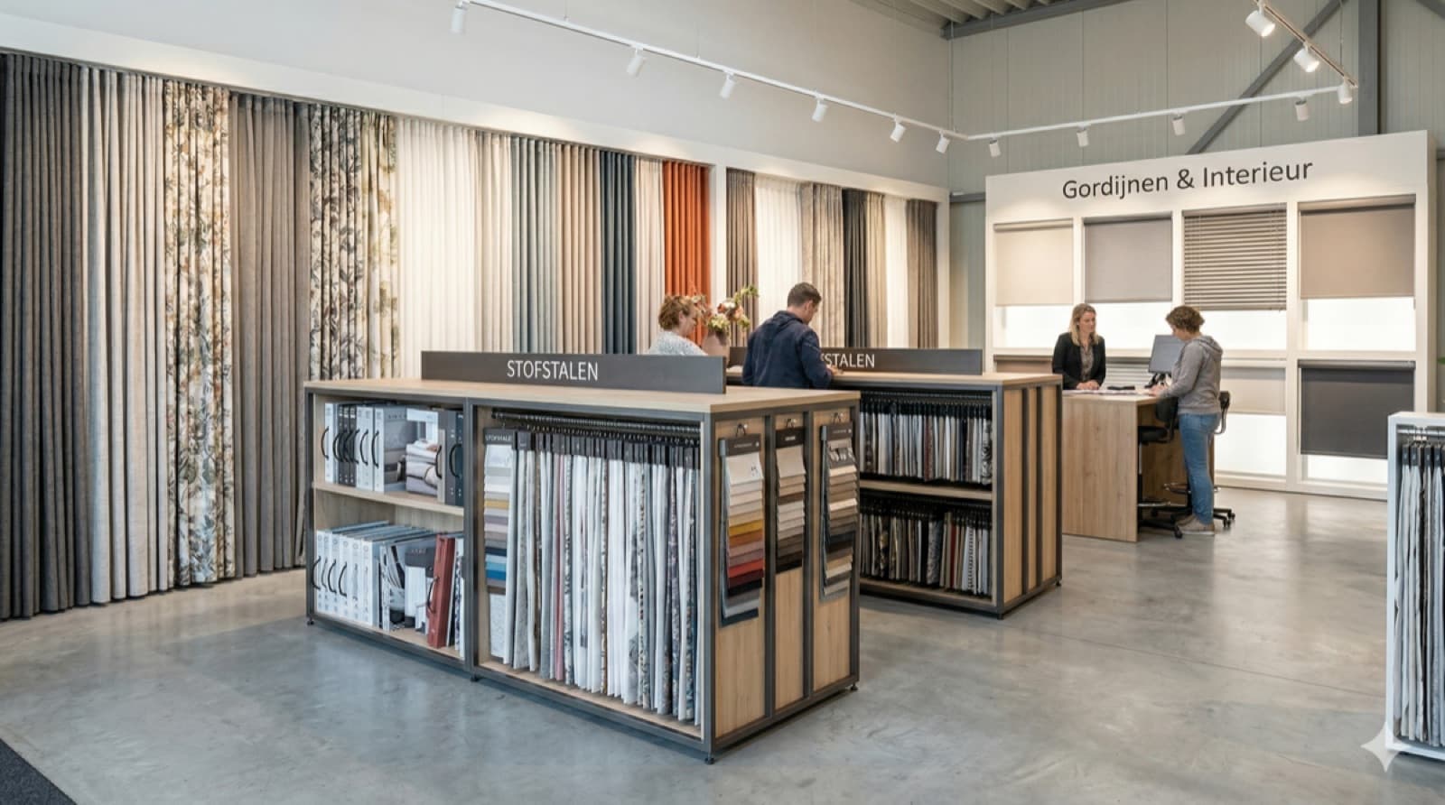 Gordijnwinkel showroom met professionele software op laptop