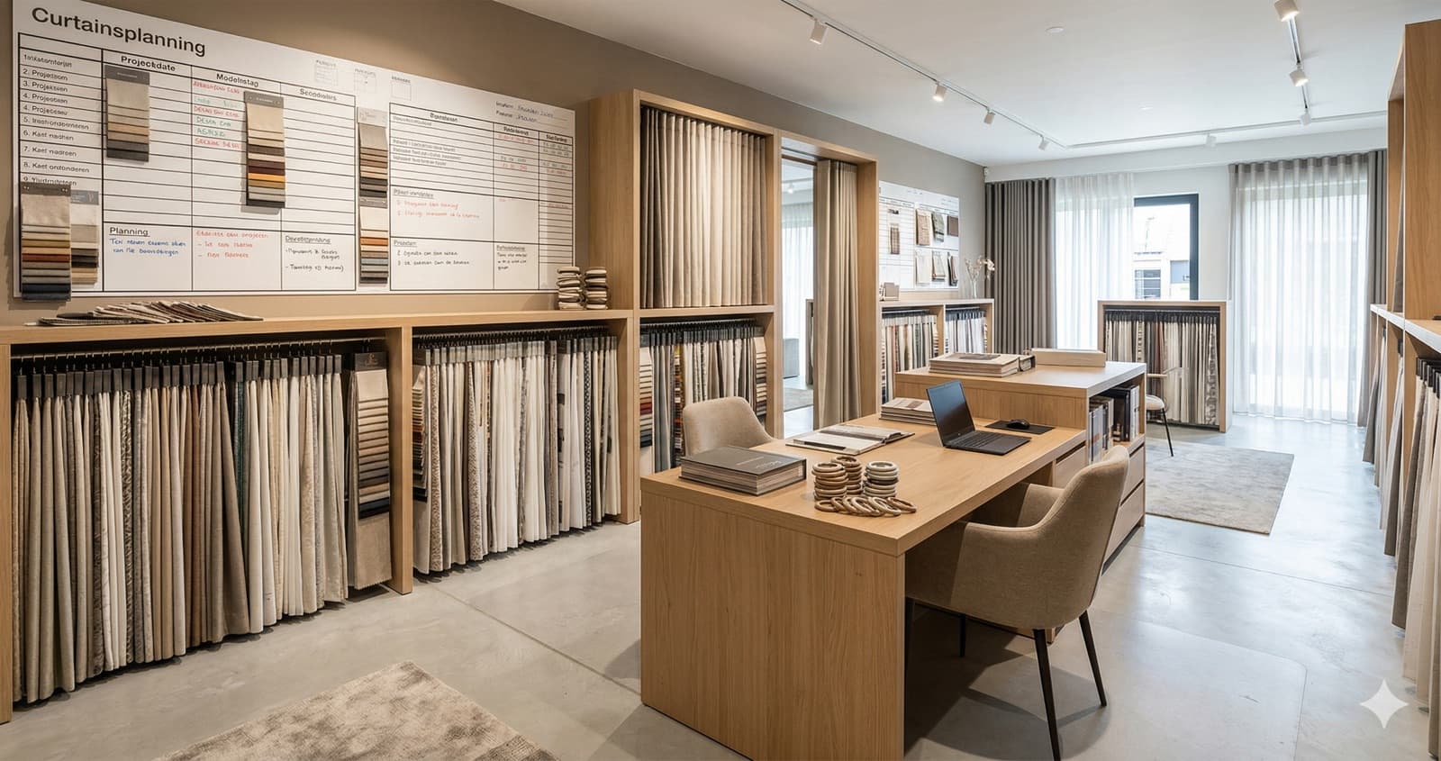 Overzichtelijk werkproces in een gordijnwinkel — showroom met stofstalen en planningsbord