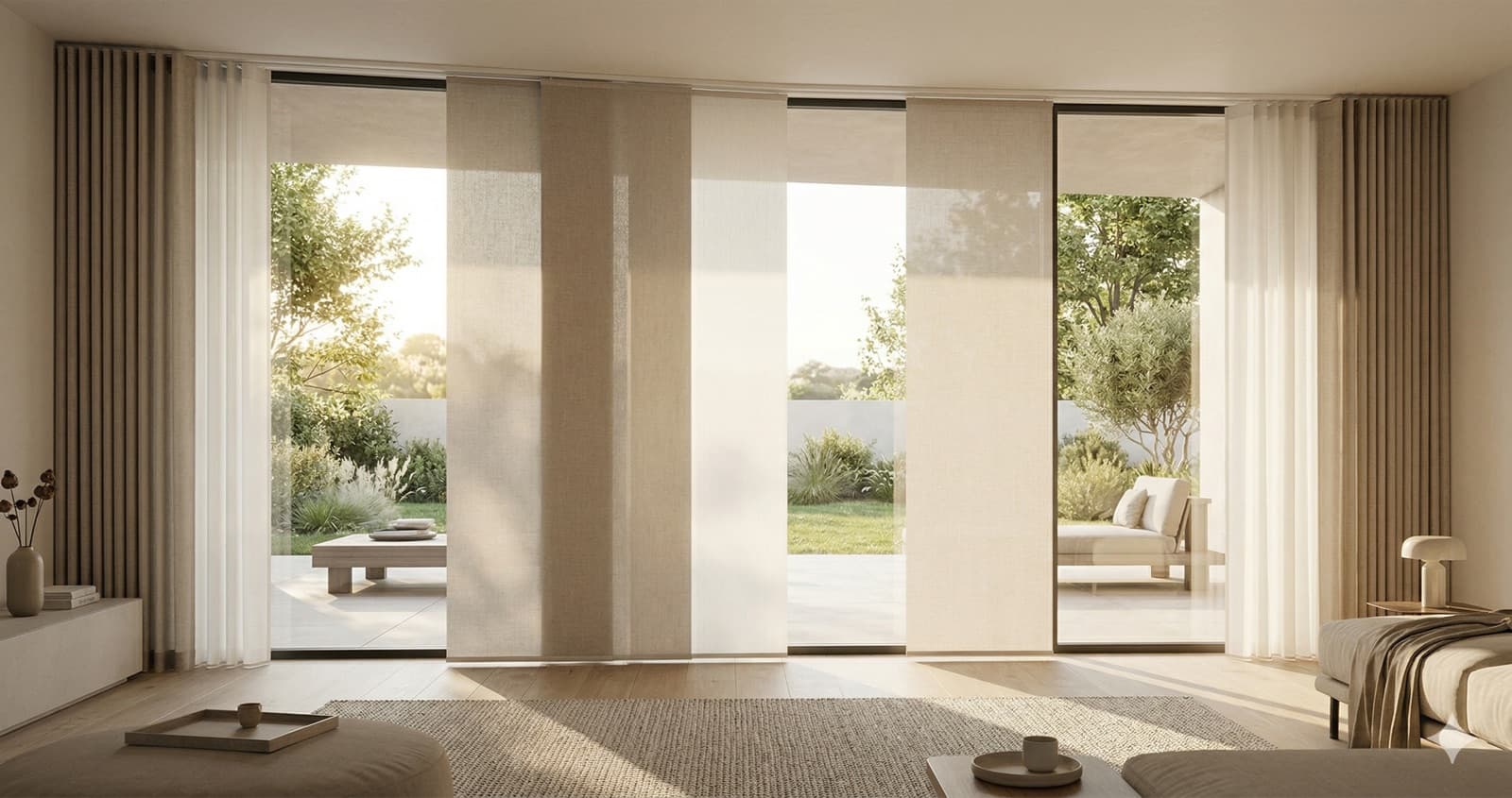 Moderne paneelgordijnen in neutrale stof voor een grote glazen wand in warm daglicht