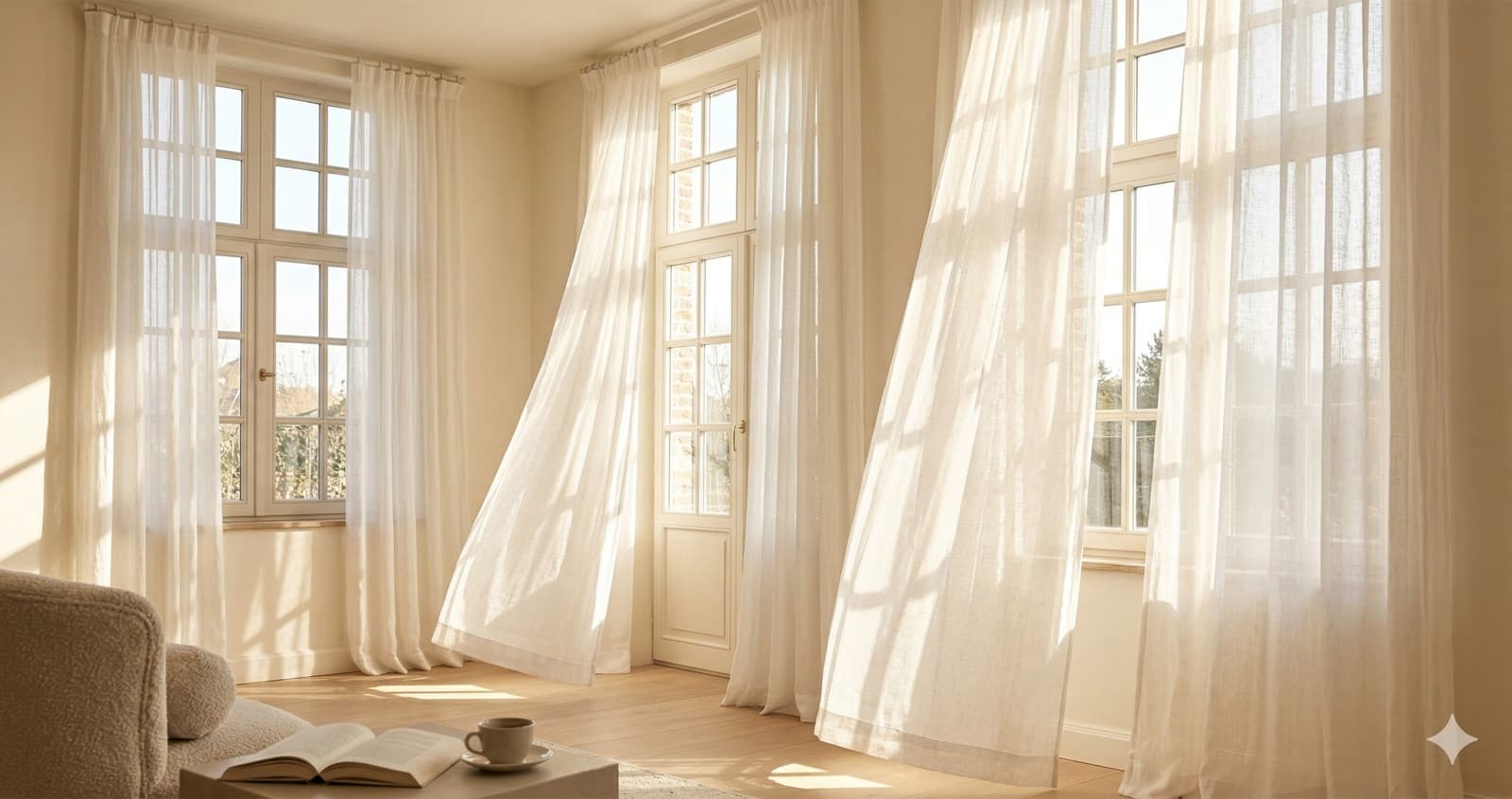 Luchtige witte vitrage voor een hoog raam in warm daglicht