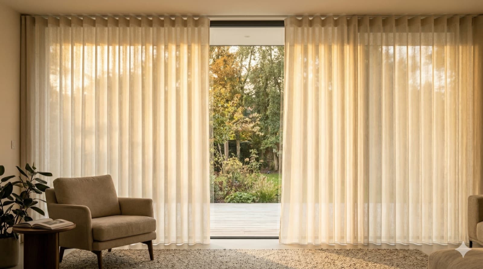 Elegant wave gordijn hangend voor een groot raam in warm daglicht