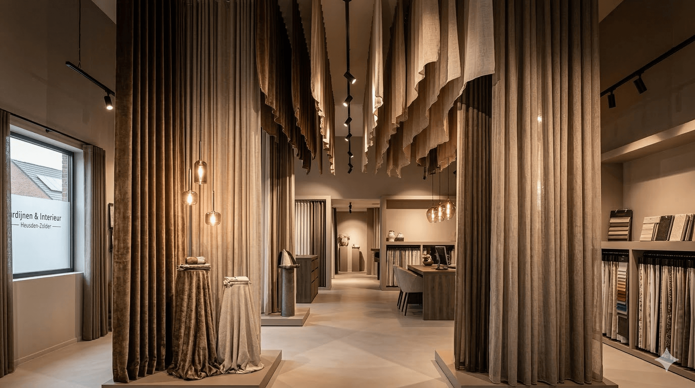 Premium gordijnenwinkel showroom met dramatische stofdisplays